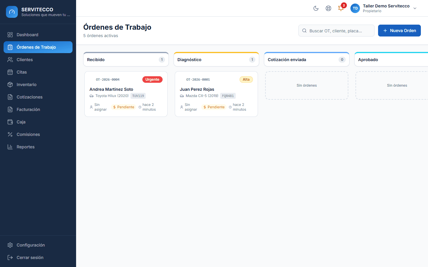 Tablero de órdenes de trabajo por estado